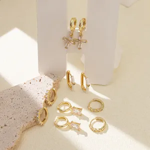 Boucles d'Oreilles Pendantes en Cuivre Zircon Mode Personnalisées pour Femmes Plaqué Or 14K Géométrique Croix Bijoux