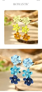 Boucles d'oreilles pendantes fleurs multicolores femme, style vacances plage mode estivale.