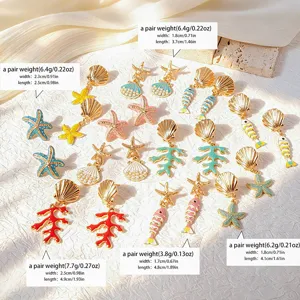 Pendientes colgantes estilo océano con concha estrella de mar coral esmalte playa.