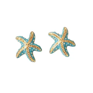 Chic aros pendientes de estrella de mar azul oro verano playa vacaciones estilo esmalte