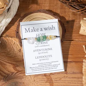 Pulsera de deseos de cristales naturales con tarjeta ajustable cuerda trenzada de moda