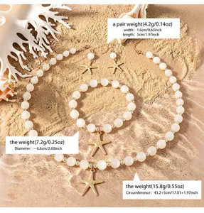 Strand Seestern Perlen Schmuck Set Detail mit Halskette Armband und Ohrringen Maßen.