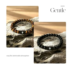 Heren kruis kralen armband, modieuze elastische steen polsband, minimalistische stijl.