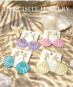 Beach vacation colorful seashell earrings, elegant alloy starfish drop earrings for women.