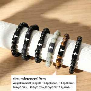 Heren Natuursteen Kralen Armband Kruis Bedel Elastische Steen Kralen Armbanden Vintage Casual Sieraden