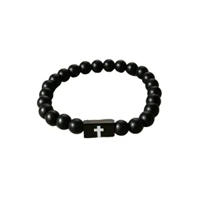 Heren zwarte kraal armband met witte kruis hanger minimalistische elastische mode sieraden
