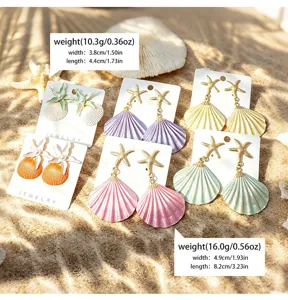 Close-up details of seaside vacation colorful seashell and starfish earrings, beach style.