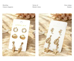 Detail ensemble boucles d'oreilles coquillage etoile de mer strass, bijoux vacances plage.