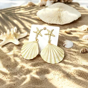 Gold starfish seashell drop earrings beach vacation style alloy jewelry for women stylish accessories