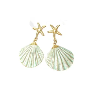 Summer resort style mint green seashell starfish alloy earrings for women fashion jewelry.