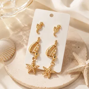 Vue détaillée de la parure de boucles d'oreilles dorées de style marin avec des clous et coquillages.