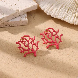 Boucles d'oreilles corail en alliage rouge pour femmes, bijoux de mode plage océan.