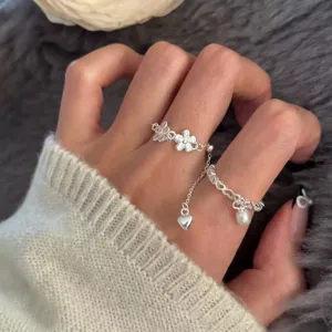 Bague Pendentif en Perle d'Eau Douce Cœur Ajouré en Argent Sterling S925 pour Femme Bague à Chaîne Réglable Minimaliste Bijoux de Mode