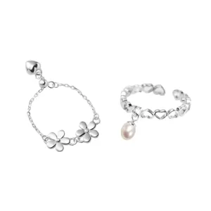 Bague perle cœur creux argent S925 bague chaîne réglable fleur douce bijoux pour femme