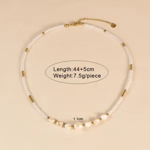 Handmade pearl and shell necklace with gold metal beads, elegant clavicle chain for women.