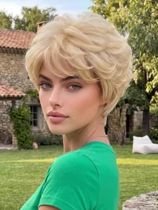Blonde short pixie cut wig detail, natural wavy synthetic hair styling for daily wear.