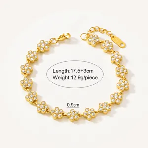 Elegant gold four leaf clover crystal flower bracelet fashion stainless steel jewelry chic accessory