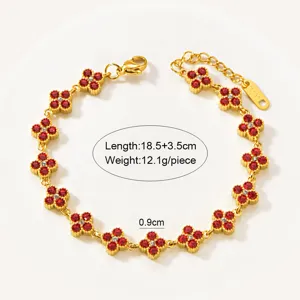 Exquisite red crystal four-leaf clover gold bracelet, stainless steel waterproof luxury jewelry.