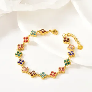 Exquisite stainless steel four-leaf clover bracelet with colorful sparkling rhinestone charms.