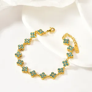 Chic stainless steel blue rhinestone four-leaf clover chain bracelet for women elegant jewelry
