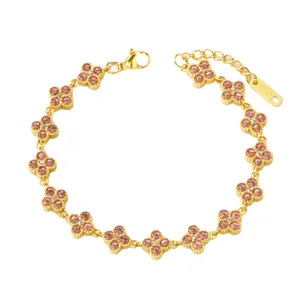 Stainless steel pink crystal four leaf clover bracelet for women luxury jewelry gift