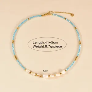 Handmade beaded necklace featuring blue crystals and natural pearls, chic clavicle chain.