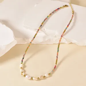 Handmade colorful glass bead necklace with freshwater pearl, elegant clavicle chain for women.