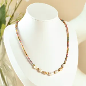 Handmade colorful beaded necklace with freshwater pearl and shells for elegant daily wear style