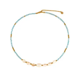Handmade blue crystal glass bead and freshwater pearl necklace short clavicle chain jewelry.