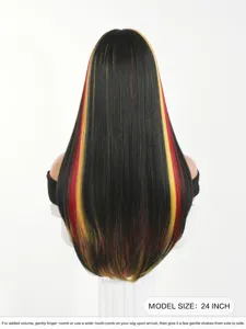 Lange glatte Perücke mit schwarzen, roten und gelben Strähnen, 24 Zoll, ideal für Cosplay.