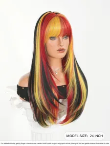 24 Zoll lange glatte Perücke mit schwarz rot gelben Strähnen Pony Weltcup Haarstil