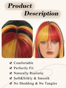 Detailansicht der Damen Weltmeisterschaft langen glatten Peruecke in schwarz gold rot.