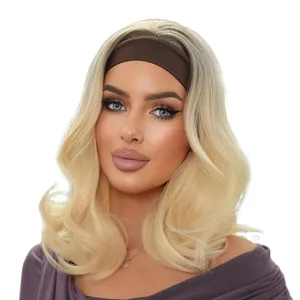 Blonde Perücke mit Stirnband für Damen kurze lockige Kunsthaar Hitzebeständig 14 Zoll