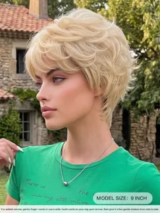 Blonde short pixie cut wig with bangs for women, stylish synthetic layered wig for daily wear.