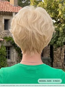 Short blonde synthetic curly pixie cut wig for women, 9 inch daily wear hair replacement.