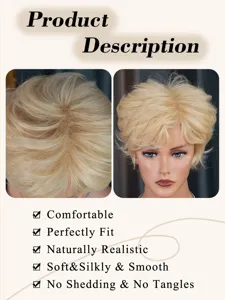 Golden short curly wig pixie cut detail view, soft texture and natural realistic look.