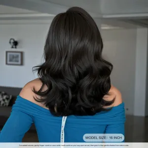 Parrucca bob ondulata nera di media lunghezza 16 pollici capelli sintetici resistenti al calore.