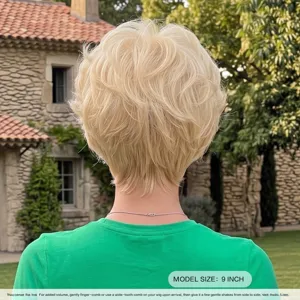 Blonde short curly synthetic wig with bangs, 9 inch pixie cut wig for women daily wear.