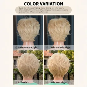 Short blonde pixie cut wig for women, curly synthetic hair with bangs, natural look everyday.