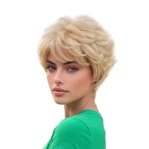 Blonde pixie cut short curly wig for women, stylish synthetic hair wig with bangs for daily wear.