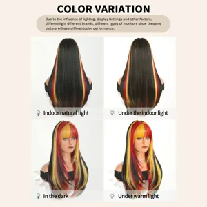 Lange glatte Perücke mit Pony schwarz rot gold Highlights Kunsthaar für Damen 24 Zoll