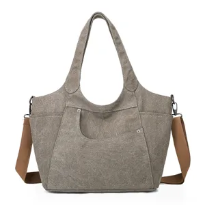 Retro Casual Canvas Shoulder Bag Large Capacity Tote Bag Versatile Daily Handbag Multi Pocket Purse For Women