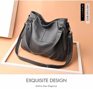 Grey PU leather shoulder bag detail, large capacity soft tote crossbody bag with metal hardware.