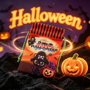 Τσάντα γλυκών Halloween με κορδόνι, λεπτομέρεια εκτύπωσης μαύρης γάτας και κολοκύθας.