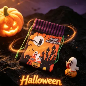 Λεπτομέρεια από σακουλάκι ζαχαρωτών Halloween με στάμπα κολοκύθας και κάστρου.