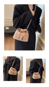 Plush fluffy bucket bag for women, autumn winter soft crossbody handbag with beaded handle.