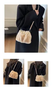 Detailed view of fluffy plush crossbody bag featuring elegant beaded handle and soft strap.