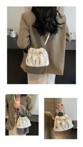 Fluffy plush shoulder bag for women winter soft faux fur bucket handbag with beaded handle design.
