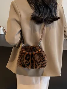 Women leopard plush crossbody bag autumn winter soft faux fur beaded shoulder bucket handbag