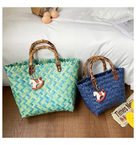 Gewebte Handtasche mit Bambusgriff retro Korb Tasche stylische Sommer Strandtasche Damen